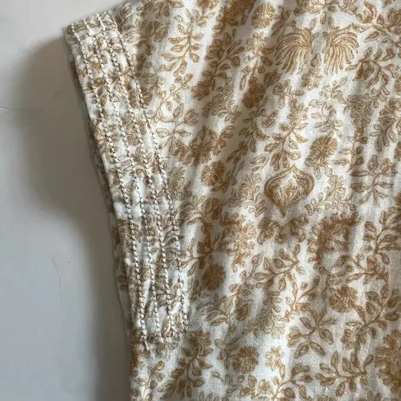 Faherty Boho Floral Dress Women's Medium Tan Tasseled Organic Cotton Cottagecore - Picture 6 of 11